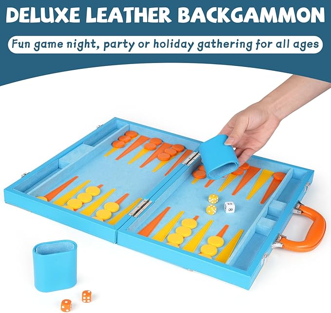 Classic 15 Inch Backgammon Set with Leather Case for Travel and Home 2 Classic 15 Inch Backgammon Set with Leather Case for Travel and Home - Image 2