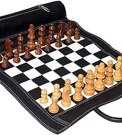 Genuine Leather Chess Set 19×15 with 3 Inch King and Roll-Up Board