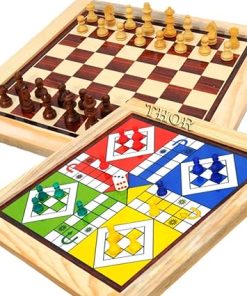 Classic Wooden 2 in 1 Ludo and Chess Board Game Vintage Home Decor