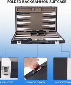 GSE Premium Leather Backgammon Set Classic Travel Game Black Grey Medium 2