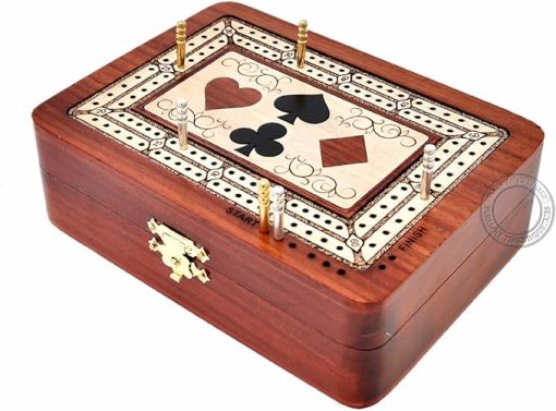 Wooden Cribbage Board Box in Bloodwood and Maple with Storage for Cards