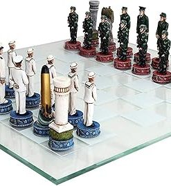 US Army vs Navy Military Chess Set Hand Painted Glass Board 2 Players