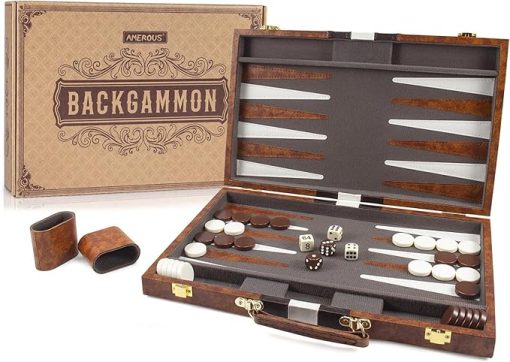 Classic 15 Inch Backgammon Set with Leather Case Portable Travel Game