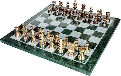 Green Marble Chess Board Set with Brass Pieces 20 Inches Home Decor 2 Green Marble Chess Board Set with Brass Pieces 20 Inches Home Decor - Image 2