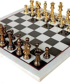 Collectible White Natural Stone Black Marble Chess Board with Brass Pieces