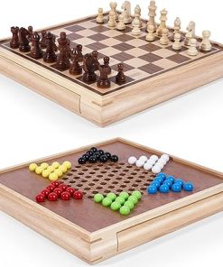 VAMSLOVE 13 Inch 2 in 1 Chess and Chinese Checkers Wooden Game Set