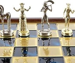 Minoan Period Brass Nickel Chess Set with Wooden Case and Blue Board