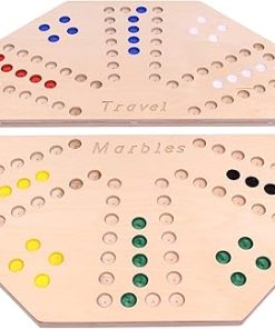 AmishToyBox.com Travel Marble Chase (Cards N’ Marbles) Wooden Board Game Set – Double-Sided 23″ Wide Board – Includes Carry Bag, Marbles and Playing Cards 2