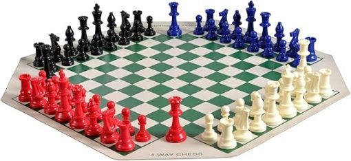 Four Player Chess Set with Vinyl Board and Weighted Colored Pieces