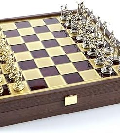 Minoan Brass Nickel Chess Set in a Wooden Case with Red Brass Board