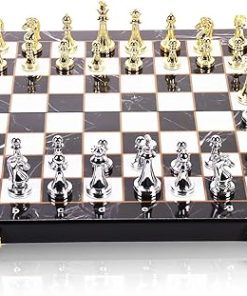 Metal Chess Set for Adults and Kids, 15”Large Marbling Chess Board with Storage –2 Extra Queens and 32 zinc Alloy Metal Pieces with a Sense of Weight,Folding Portable Travel Unique Chess Sets Game
