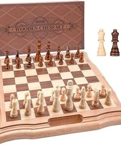 AMEROUS 15.6 Inch Magnetic Wooden Chess Set with Storage and Extra Queens
