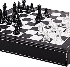 Glass Chess Set with Extra Queens and 13.2 Inch Leather Storage Box 2