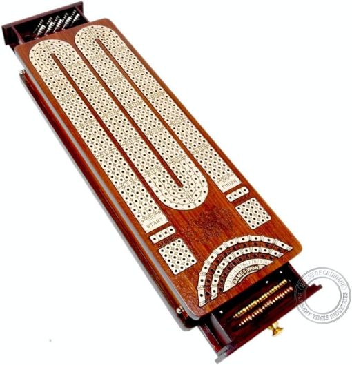 Bloodwood Maple Cribbage Board with Side Drawers and Game Markers