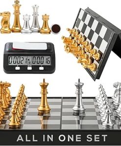 Portable Magnetic Chess Set with Digital Chess Clock for Travel 14 Inch