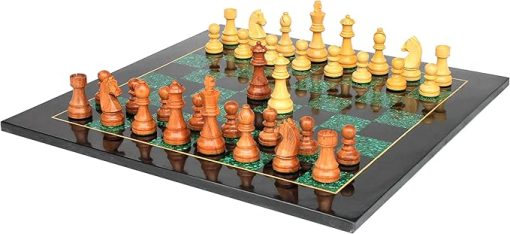 Black Marble Malachite Chess Board Set with Wooden Pieces 21 Inches - Image 2