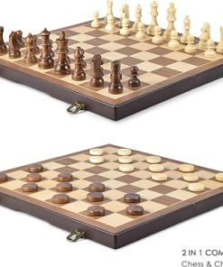 Magnetic Wooden Chess and Checkers Game Set 15 Inches with Storage 2