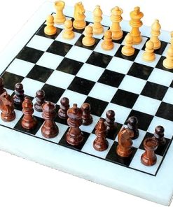 White Natural Stone and Black Marble Chess Board with Wooden Pieces 12 Inches 2