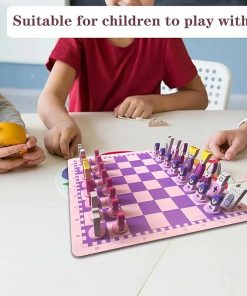 Colorful Cartoon Pink Chess Set with 11.8-Inch Wooden Board for Kids 2