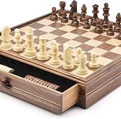 AMEROUS 15×15 Wooden Chess Checkers Set with Storage Drawers and Extras