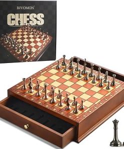 European Retro Chess Set with Wooden Board and Metal Pieces for All Players