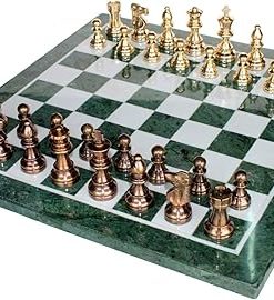 Green Marble Chess Board Set with Brass Pieces 20 Inches Home Decor