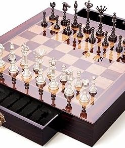 AMEROUS 20 Inches Wooden Chess Set with Metal Chess Pieces- 4.5” King – 2 Built-in Storage Drawers – Gift Packaging,Tournament Chess Board Games for Adults and Kids 2