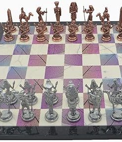 Antique Copper Metal Chess Set with Wooden Board and Handmade Pieces 2