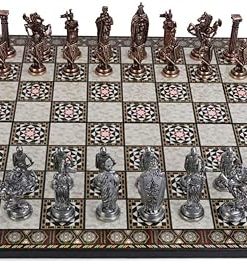 Antique Copper Chess Set with Handmade Pieces and Mosaic Board for Adults