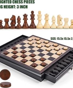 VAMSLOVE Wooden Chess Checkers Game Set 15.5″ with Storage Drawers 2