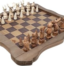 Handcrafted 15-Inch Wooden Chess Set with Wildlife Pieces and Board 2