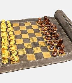 Genuine Roll-Up Leather Chess Set with Wooden Pieces and Carry Pouch