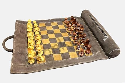 Genuine Roll-Up Leather Chess Set with Wooden Pieces and Carry Pouch Genuine Roll-Up Leather Chess Set with Wooden Pieces and Carry Pouch