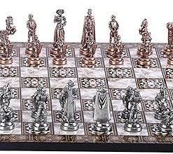 Handmade Antique Copper Chess Set with Wooden Mosaic Board for Adults