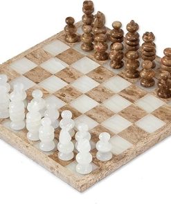 NOVICA NAT Geo Gifts Marble and Stone Chess Set, Brown and Ivory, ‘Brown and Ivory Challenge’ (13.5 in.)