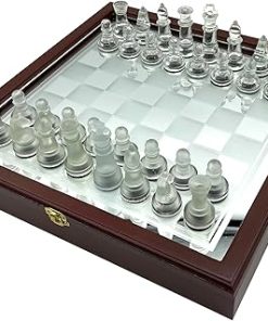 Glass Chess Set with Wooden Case Universal Standard Board and Frosted Pieces