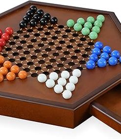 Large Upgraded Wooden Chinese Checkers Game Board with 60 Glass Marbles