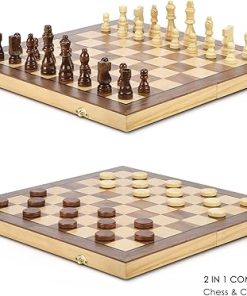 AMEROUS 15” Magnetic Wooden Chess & Checkers Game Set -2 Extra Queens -24 Cherkers Pieces – Chessmen Storage Slots, Beginner Chess Set for Kids and Adults, Classic 2 in 1 Board Games 2