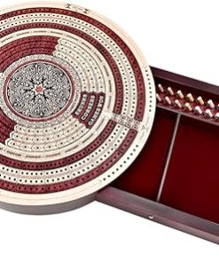 Round Cribbage Board with 4 Tracks Maple Bloodwood Push Drawer