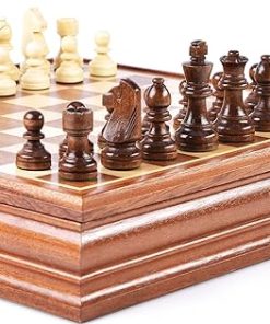 Deluxe Wooden Chess and Checkers Set 15 Inch Box with Storage 2 in 1 2
