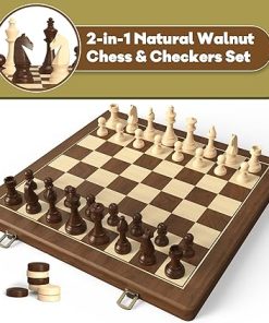 Natural Walnut 15 Inch Magnetic Wooden Chess Checkers Set 2 in 1 Game 2
