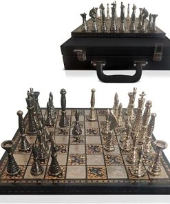 Brass Chess Set with Tribal Warli Art in Leather Storage Box 12×12 inches