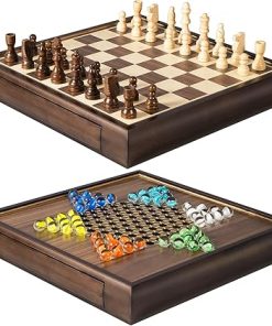 Magnetic Chess Set and Chinese Checkers 13″ Wooden Board Game with Storage