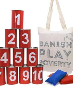 Garden Games Tin Can Alley – 10 Metal Cans and Safe Soft Throwing Bags