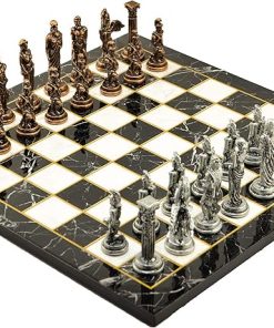 Antique Copper Metal Chess Set with Marble Design Wooden Board