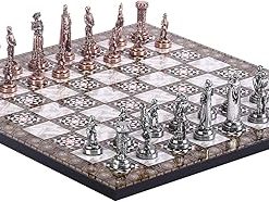 Handmade Antique Copper Chess Set with Wooden Mosaic Board for Adults 2