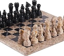 Handmade 15 Inch Coral and Black Marble Chess Set for Adults