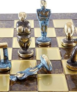 Large Cycladic Art Chess Set with Bronze Pieces and Brown Board