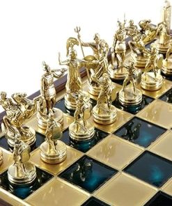 Greek Mythology Chess Set Brass and Green Wooden Case Green Board 2