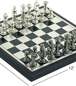 Deco 79 Aluminum Chess Game Set Black Silver Pieces 12×12 Inches 2